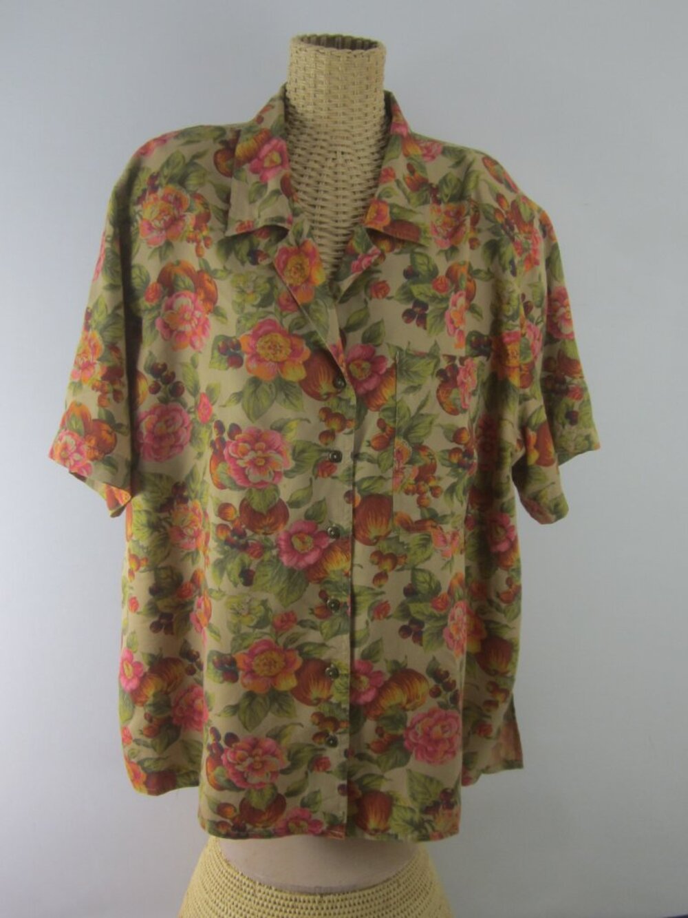 Vtg Elisabeth Liz Claiborne Women 18 Taupe Pink Green SS Floral Shirt Cottage